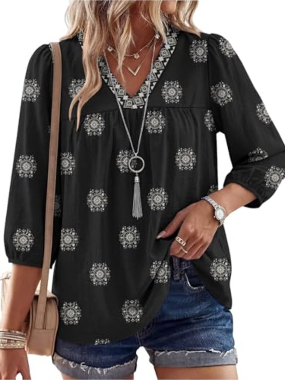 Womens Boho Blouse 3/4 Puff Sleeve V Neck Pleated Linen Tunic Top